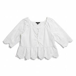 Calligraphie White Eyelet Peasant Blouse Tie front Embroidery Scalloped Top L